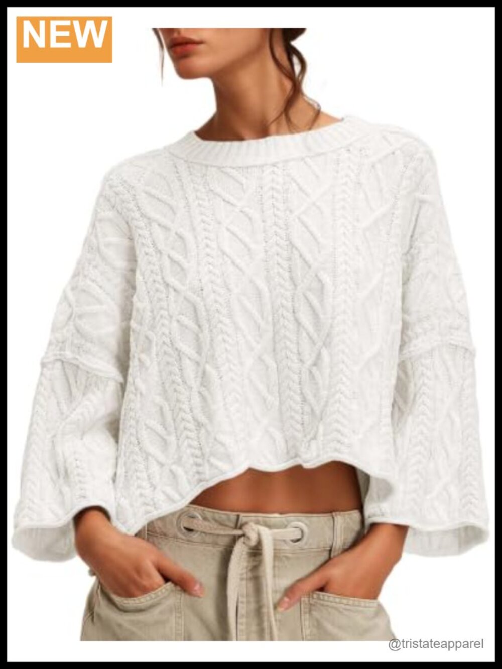 Cable Knit Cropped Sweater Oversized Long Sleeve Crew Neck Pullover